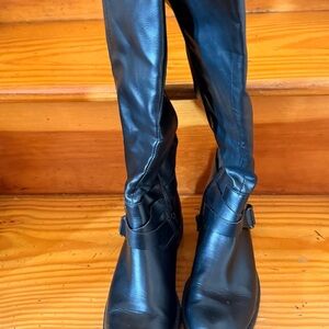 Black Tall Leather Boots with Side Buckle